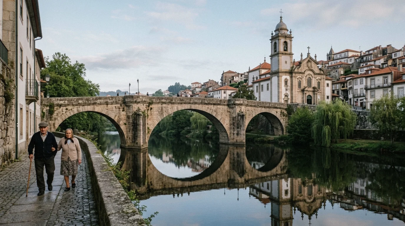 Medieval bridge and tiled church in Amarante near the Douro Valley