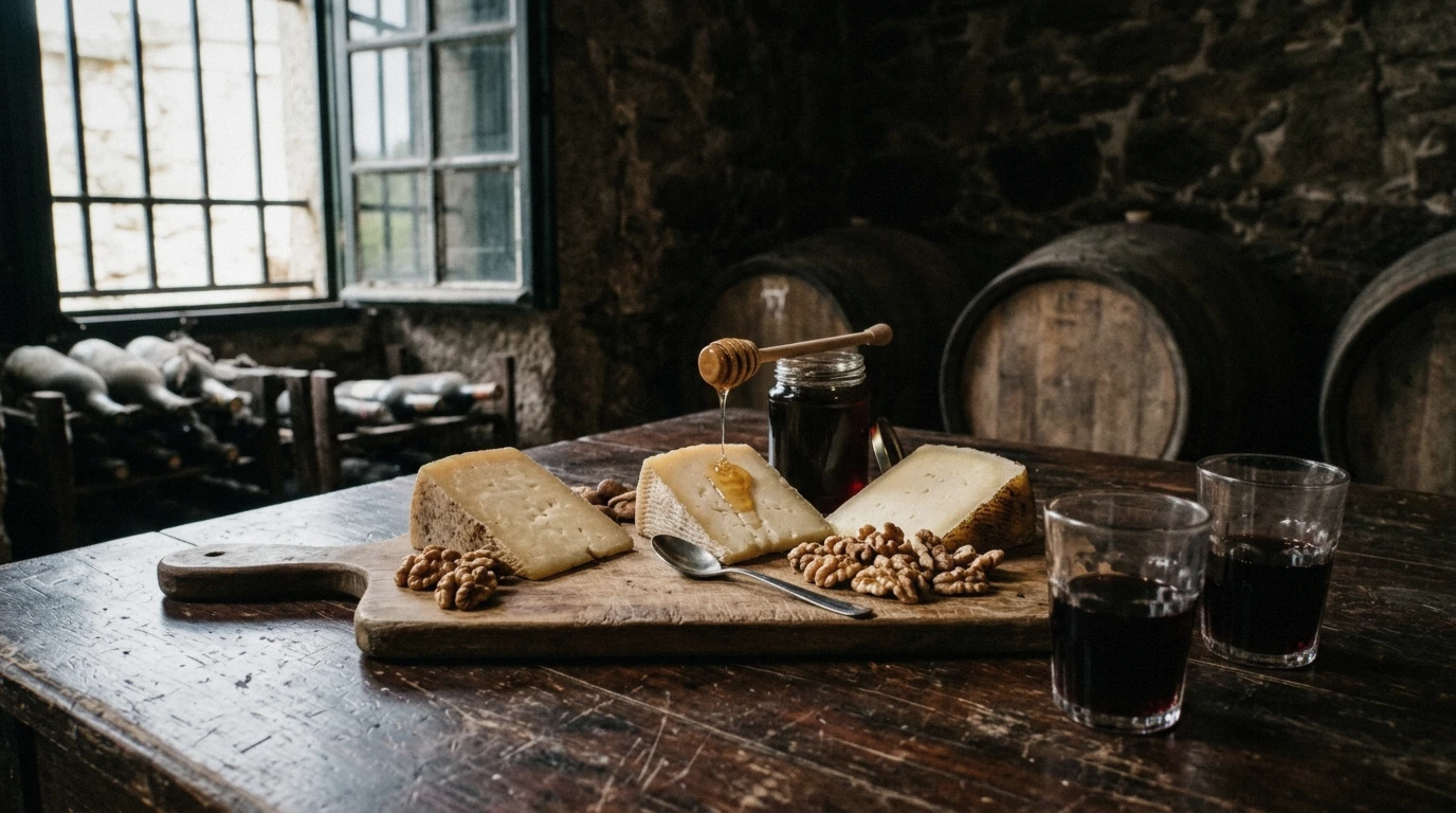 Port wine and cheese pairing board served on a Douro Valley wine tour
