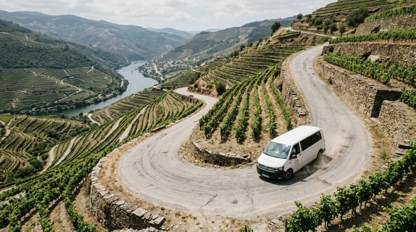 Small van on a northern Portugal road on the Amarante tapas and cruise day from Porto