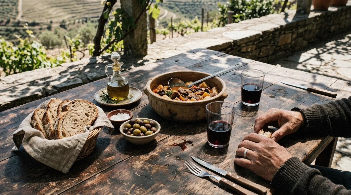 Farm lunch with bread, stew and Douro wine on a valley wine tour
