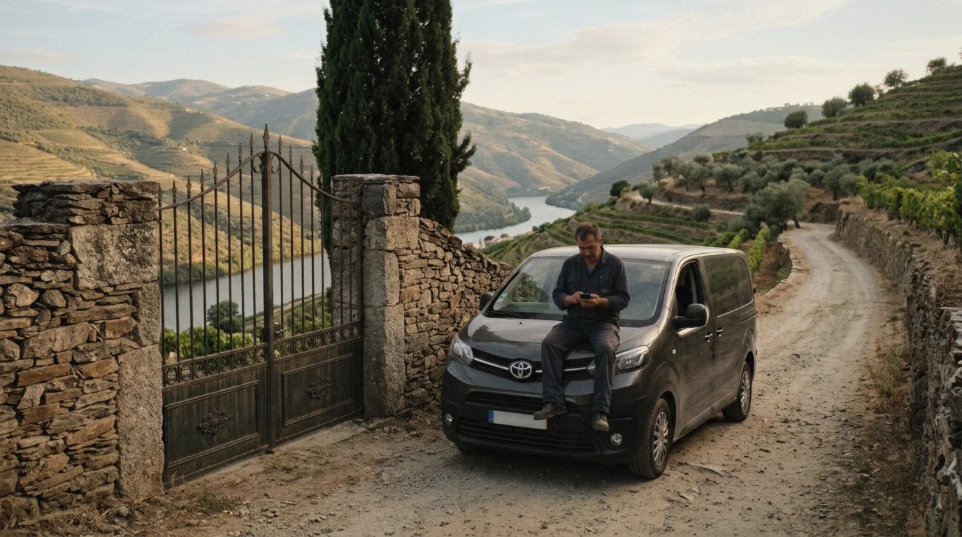 Private van on a Douro Valley terrace road for a private wine tour booked from the US