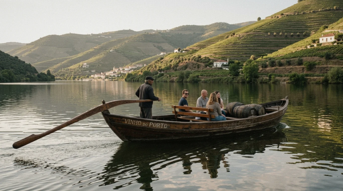 Wooden rabelo boat cruising past terraced vineyards on a Douro Valley wine tour from Porto