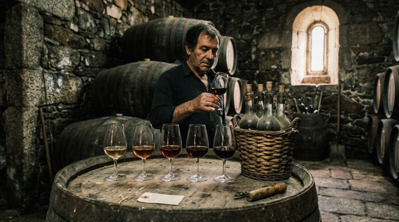 Douro Valley wine guide tasting line of port and DOC Douro wines set out in a quinta cellar