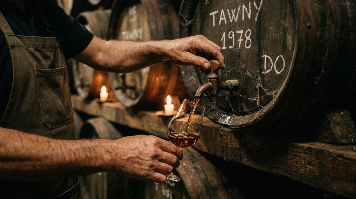Aged tawny port poured from a cask in a Douro Valley wine cellar