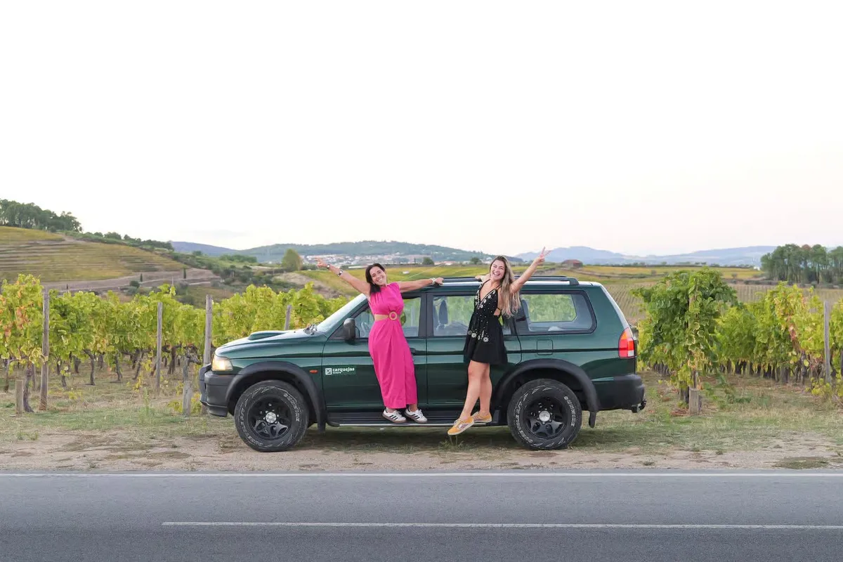 Private 4x4 jeep on a Douro Valley terrace track above the river on an off-road wine tasting tour with river cruise