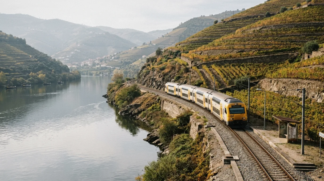 Regional train on the Douro line along the river below terraced vineyards between Porto and Pinhão