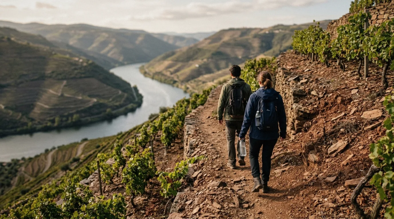 Two walkers on a terraced vineyard row on a Douro Valley wine tour from Porto